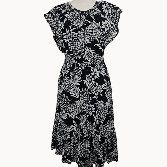 Business Casual Crinkle A-Line Pineapple Floral Navy White Flowy Dress J.Crew 8M - Picture 1 of 16